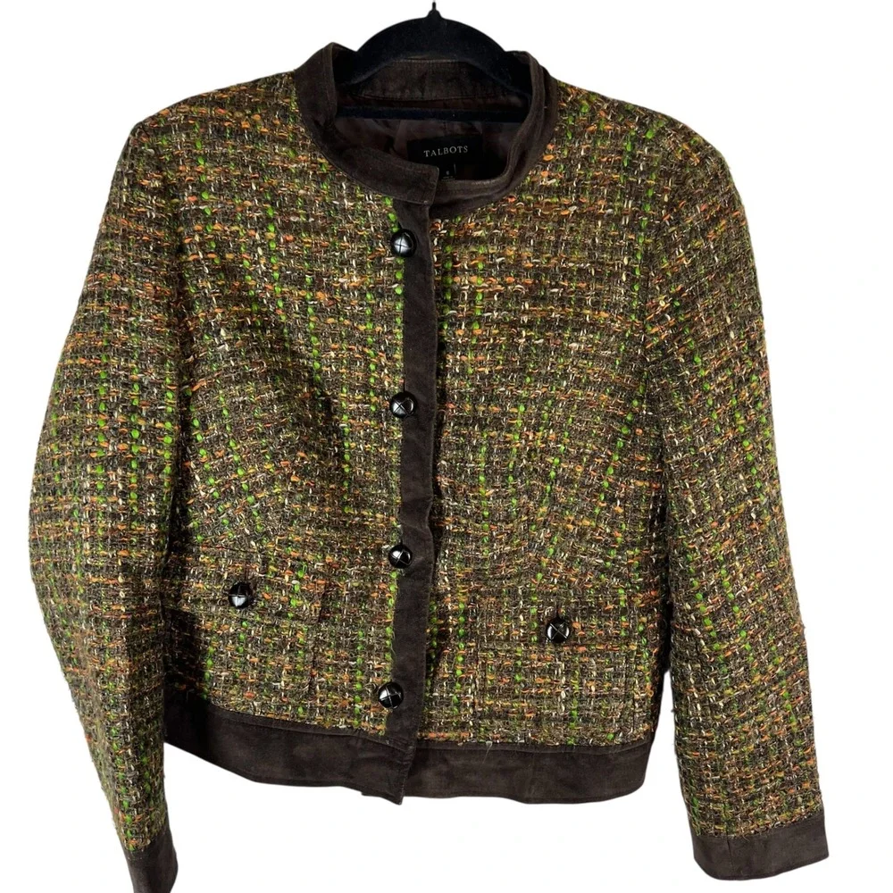 Talbots Womens Tweed Skirt Suit Set Brown‎ Green Orange Jacket 8 Skirt 6
